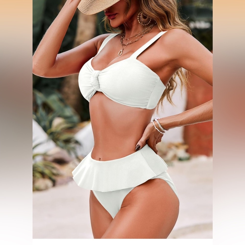 Saodimallsu White high waisted ruffle Bikini Set Large/ 0199